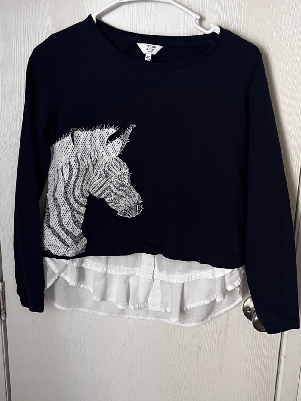 Crown & Ivy Women’s Navy Zebra Layered Ruffle Top Size PP